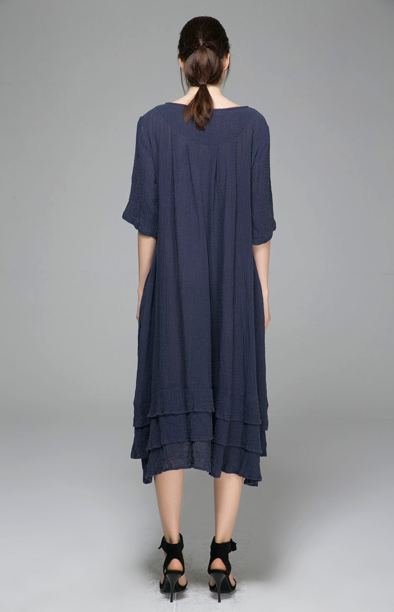Irregular hem dress with round neck and five minute sleeve 1400