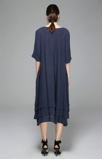 Navy Linen Midi Dress - Loose Fit with Half Sleeves 1400
