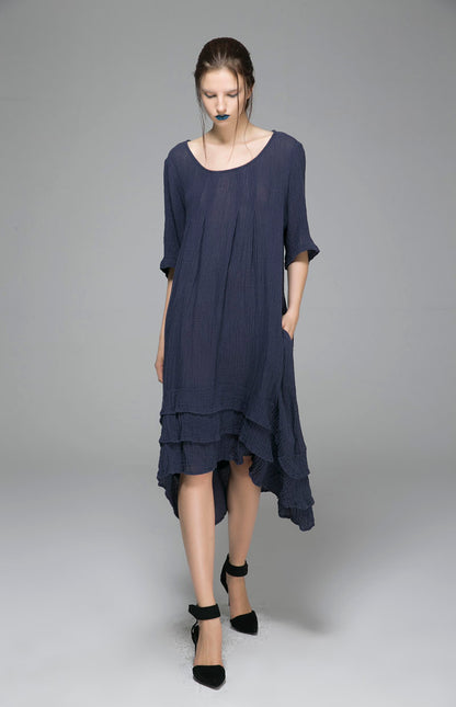 Navy Linen Midi Dress - Loose Fit with Half Sleeves 1400