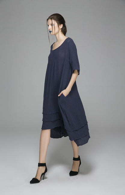 Blue Linen Maxi Dress - Sleeveless, Round Neck 1400