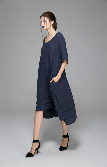 Navy Linen Midi Dress - Loose Fit with Half Sleeves 1400