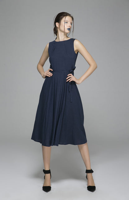Navy Linen Midi Dress - Fit and Flare Silhouette with Pleated Neckline 1401
