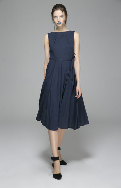 Navy Linen Midi Dress - Fit and Flare Silhouette with Pleated Neckline 1401