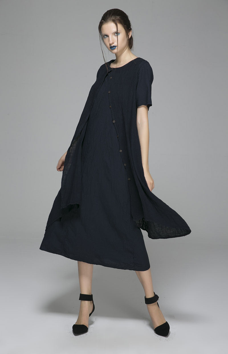 Black Linen Blend Midi Dress with Button-Front and Relaxed Fit – Xiaolizi