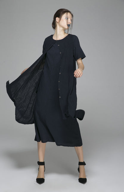 Black Linen Blend Midi Dress - Button-Front, Relaxed Fit 1402