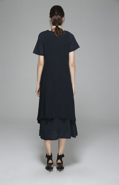 Black Linen Blend Midi Dress - Button-Front, Relaxed Fit 1402