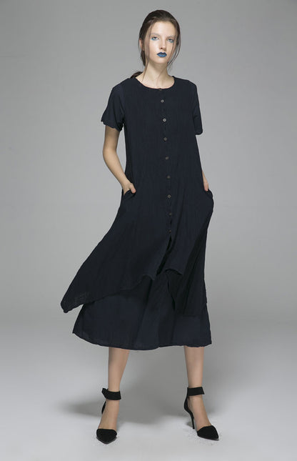 Black Linen Blend Midi Dress - Button-Front, Relaxed Fit 1402