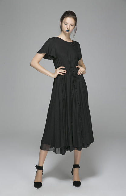 Handmade Black Linen Dress – Adjustable Waist Midi Dress for Women | Xiaolizi 1403