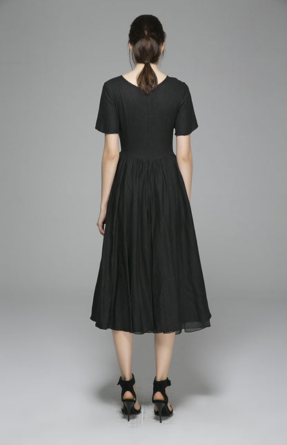 Handmade Black Linen Dress – Adjustable Waist Midi Dress for Women | Xiaolizi 1403