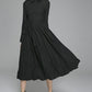 Black linen dress woman long sleeve dress custom made day dress 1405#