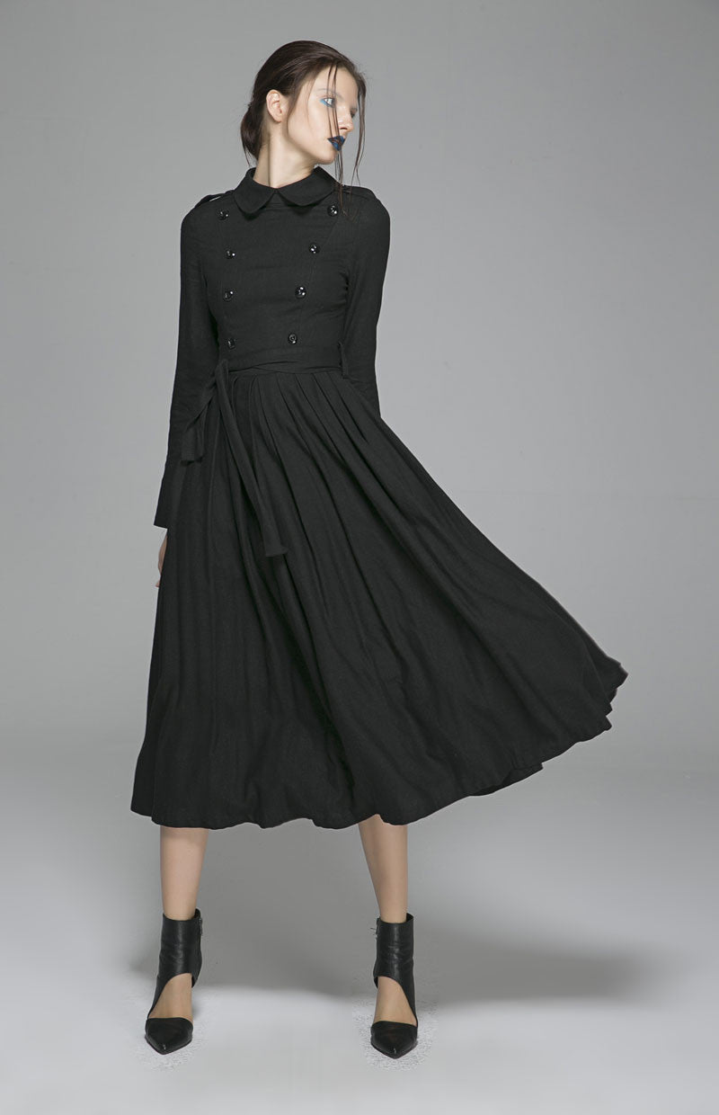 Black linen dress woman long sleeve dress custom made day dress 1405#