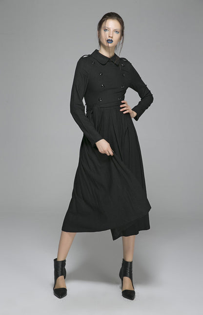 Black Linen Long Sleeve Dress - Double Breasted Midi | Xiaolizi 1405