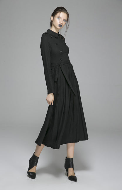 Black Linen Long Sleeve Dress - Double Breasted Midi | Xiaolizi 1405