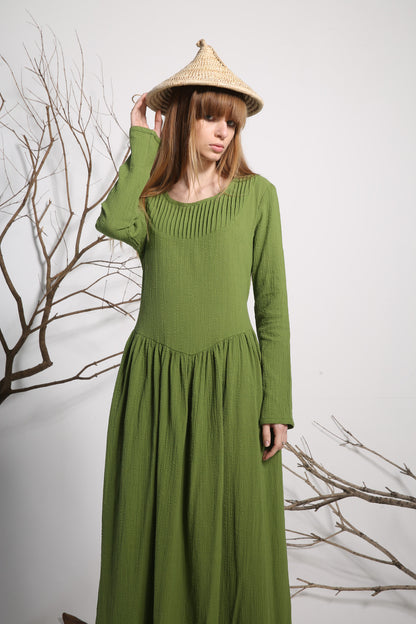 Green Linen Maxi Dress - Loose Fit with Pleated Front 1136
