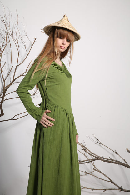 Green Linen Maxi Dress - Loose Fit with Pleated Front 1136