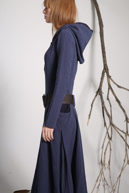 Midnight Blue Linen Maxi Dress – Hooded Long Sleeve Dress 1140