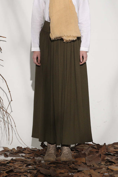 Army Green Linen Cotton Maxi Skirt - Pleated Full Flowy Silhouette 1151