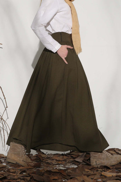 Army Green Linen Cotton Maxi Skirt - Pleated Full Flowy Silhouette 1151