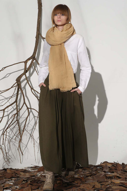 Army Green Linen Cotton Maxi Skirt - Pleated Full Flowy Silhouette 1151