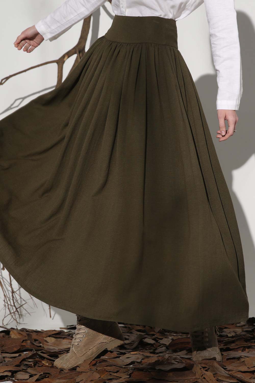 Army green pleated maxi skirt 1151#
