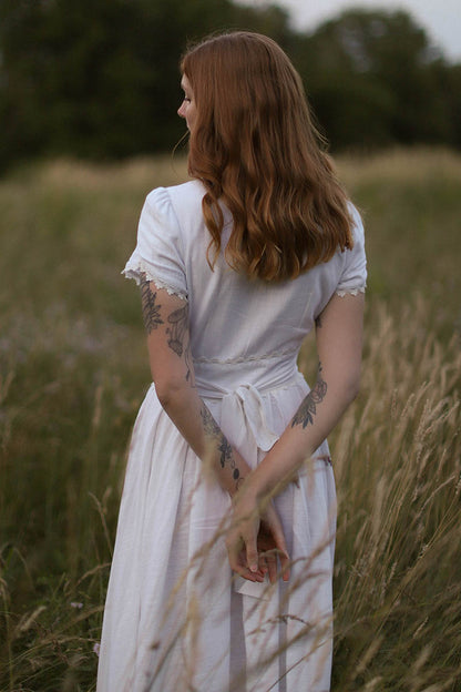 White Linen Maxi Dress - Swing Silhouette with Lace Detail 3743