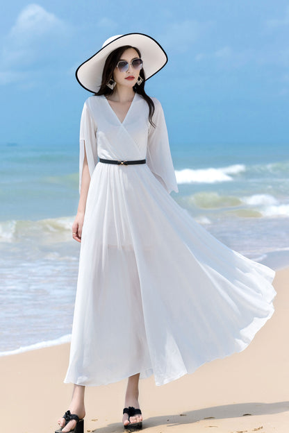 V Neck Maxi Swing Chiffon Wrap Dress 2853