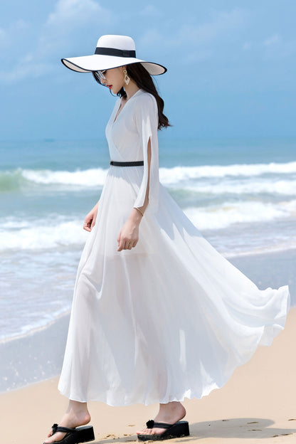 V Neck Maxi Swing Chiffon Wrap Dress 2853