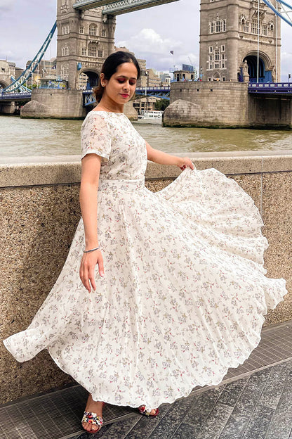 Floral Chiffon Maxi Dress - Fitted Waist, Summer Party Style 3736