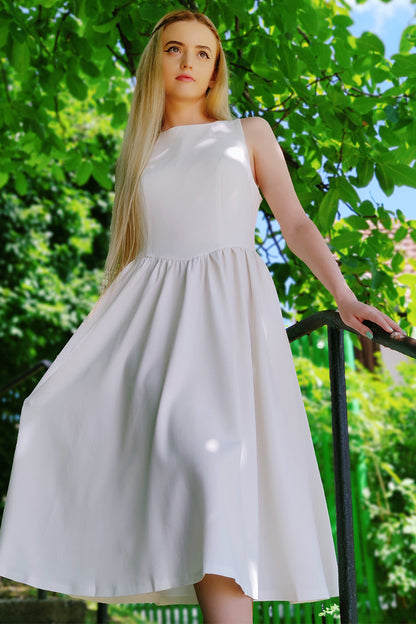 White Polyester Midi Dress - Sleeveless, Round Neck, Flowing Silhouette 3780
