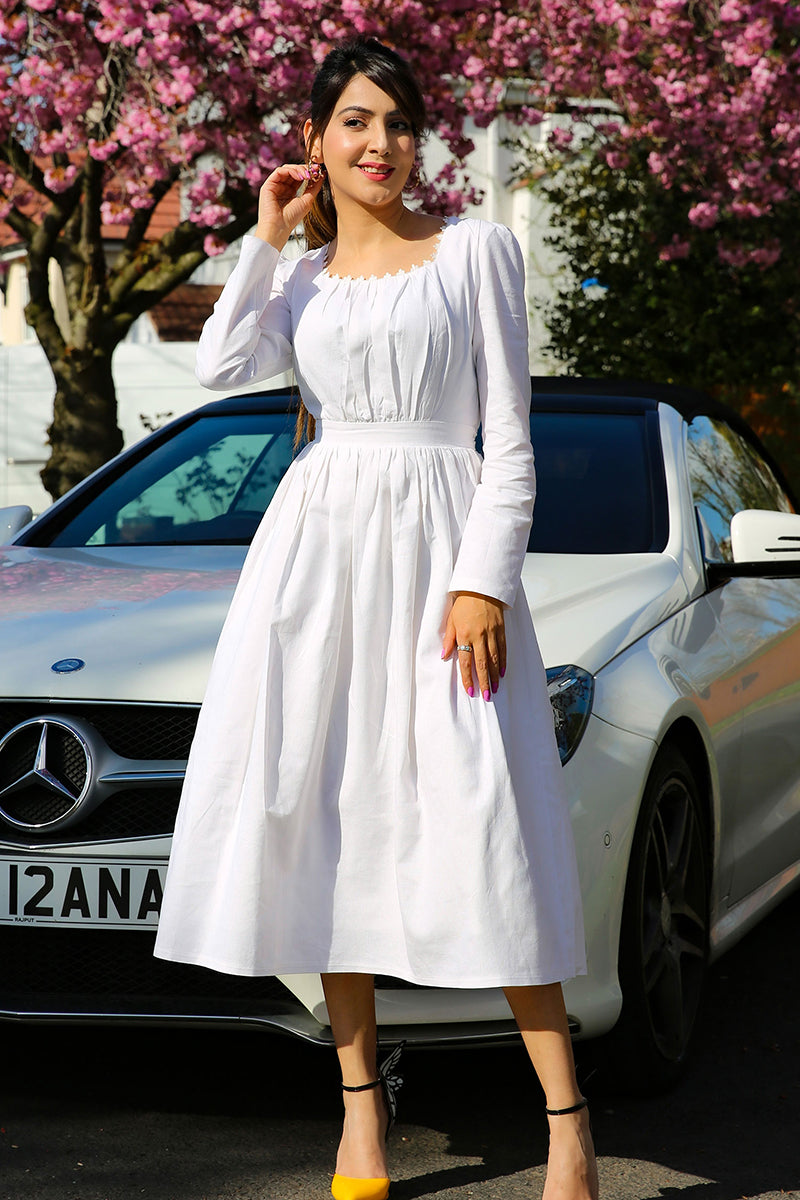White Linen Midi Dress - Fitted Waist with Long Sleeves 3473