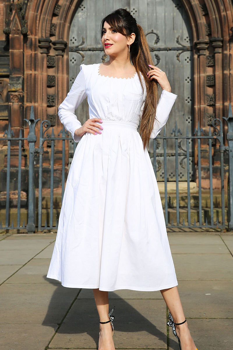 White linen long top sleeve dress