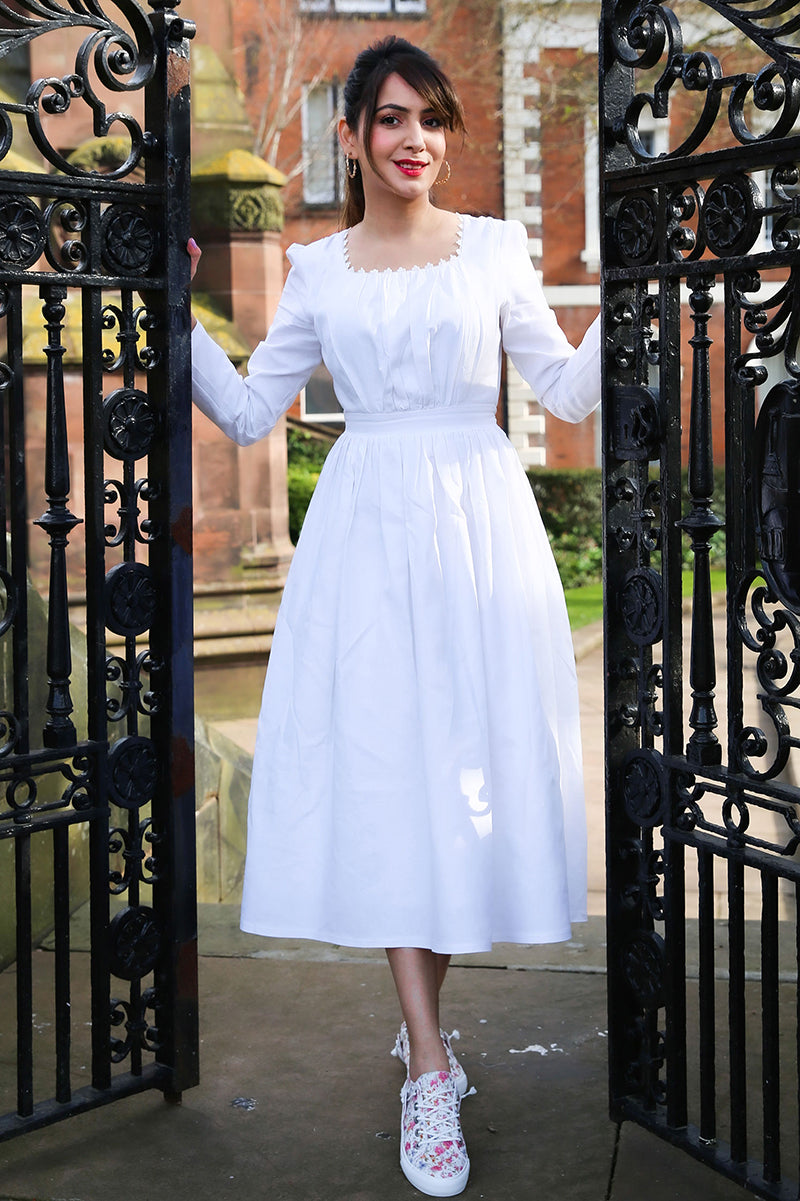 casual white dress with sleeves Elegance Women's Modest White Full Length Long Sleeve Cotton Special Occasion Button Down Front The fabric is comfortable for skin White Linen Midi Dress -
