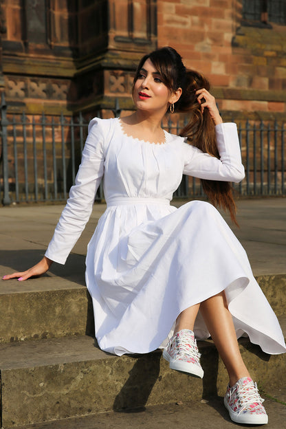 Women White Linen Summer Wedding Guest Dress 3473#