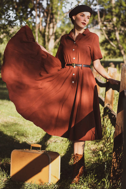 Rust Linen Cotton Midi Dress - Vintage Inspired Pleated Swing 3049