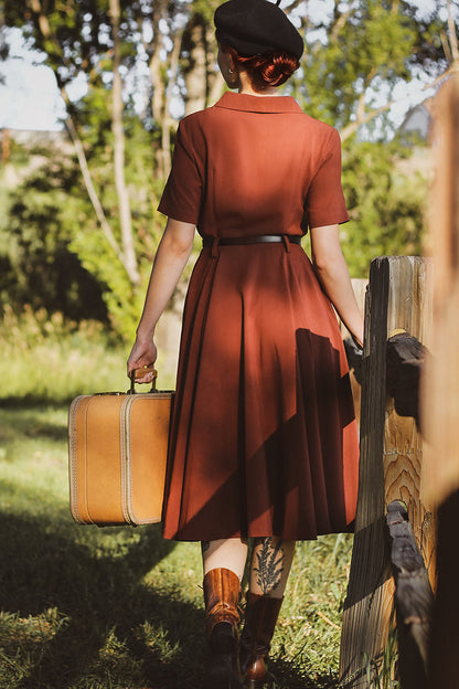 Rust Linen Cotton Midi Dress - Vintage Inspired Pleated Swing 3049