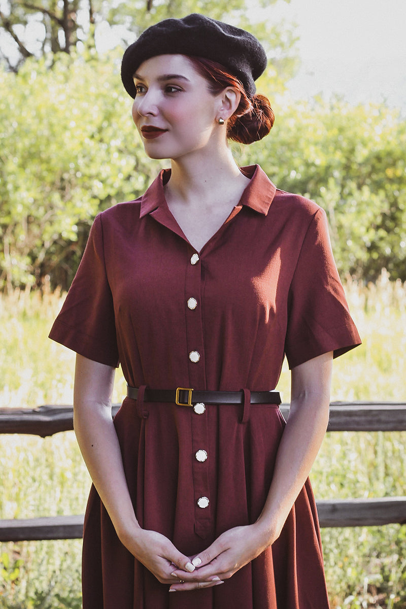 Rust Linen Cotton Midi Dress with Pleated Vintage Swing Style – Xiaolizi