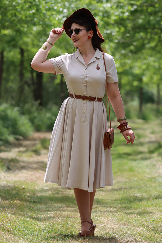 Short Sleeve Linen Midi Dress – Elegant Beige Retro Shirt Dress 3574