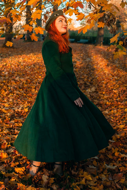 Green Wool Coat - Vintage Fit and Flare Silhouette 2502