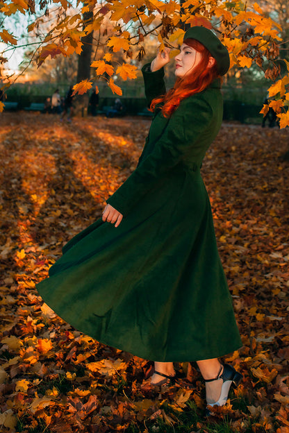 Green Wool Coat - Vintage Fit and Flare Silhouette 2502