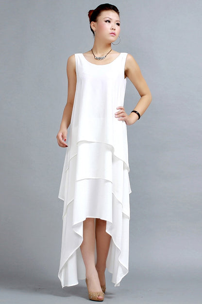 White Chiffon Maxi Dress with Layered Asymmetrical Hem for Summer – Xiaolizi