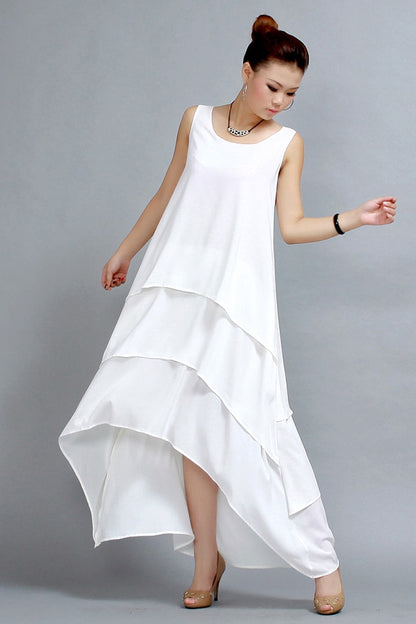 White Chiffon Maxi Dress - Layered, Asymmetrical Hem 261