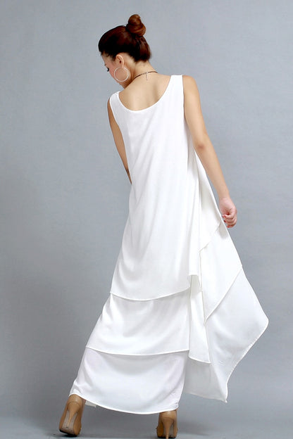 White Chiffon Maxi Dress - Layered, Asymmetrical Hem 261