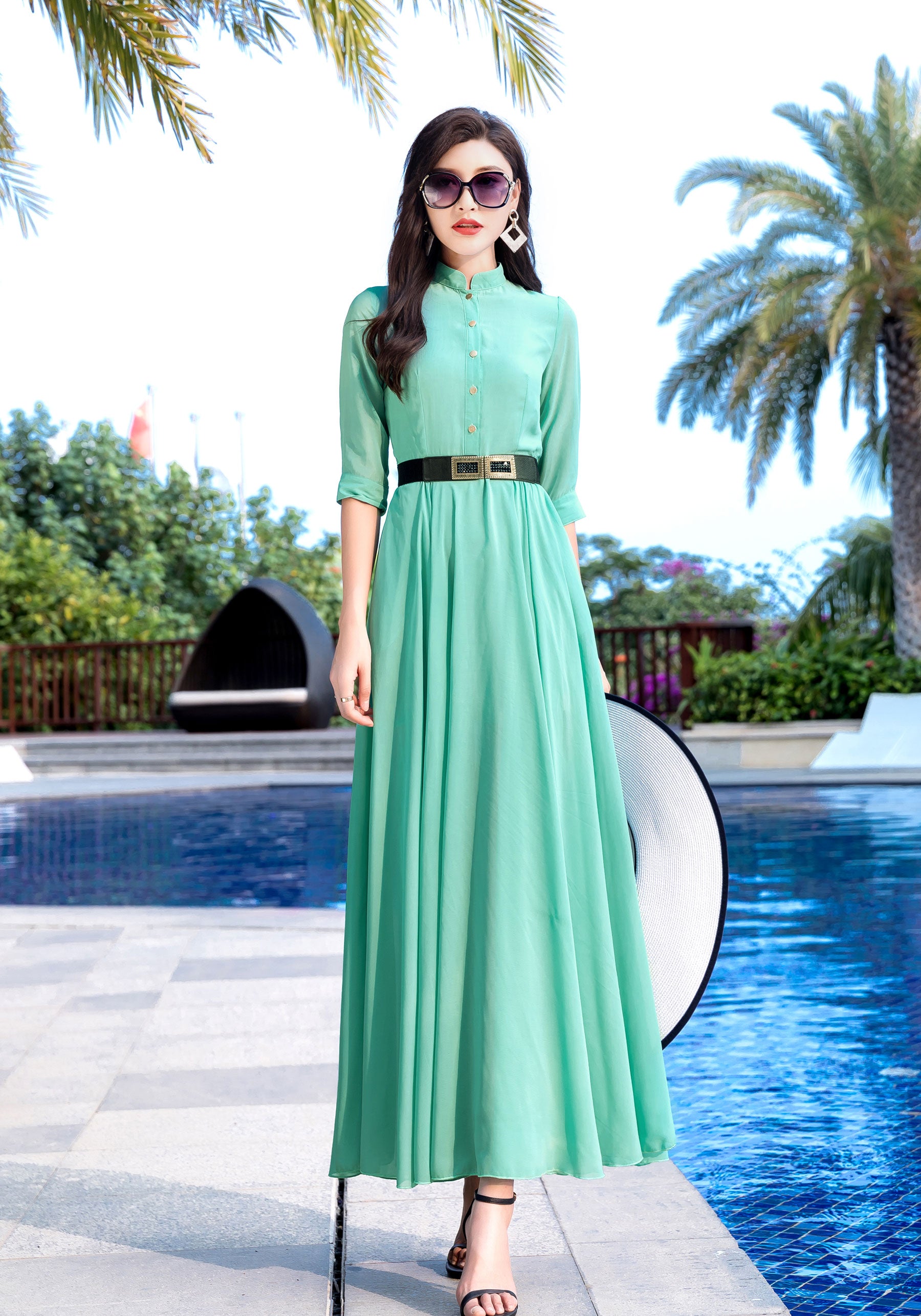 Eco-Friendly Handmade Chiffon Maxi Dress Elegant Summer Green | Xiaolizi Green / M Eco-Friendly Handmade Chiffon Maxi Dress Elegant Summer Green | Xiaolizi Green / M