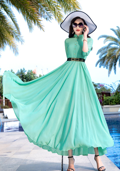 Eco-Friendly Handmade Chiffon Maxi Dress – Elegant Summer Green | Xiaolizi 2854