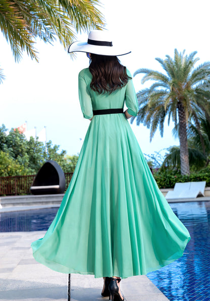 Eco-Friendly Handmade Chiffon Maxi Dress – Elegant Summer Green | Xiaolizi 2854