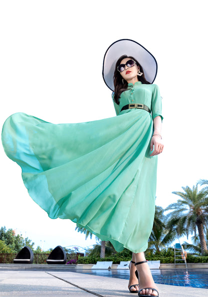 Eco-Friendly Handmade Chiffon Maxi Dress – Elegant Summer Green | Xiaolizi 2854