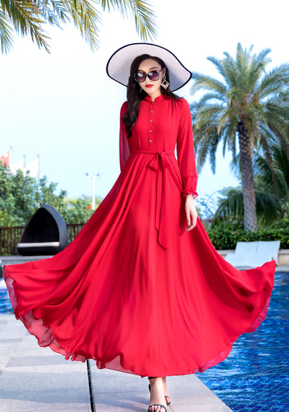 Long Sleeve Maxi Swing Chiffon Dress 2855