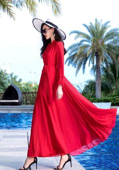 Long Sleeve Maxi Swing Chiffon Dress 2855