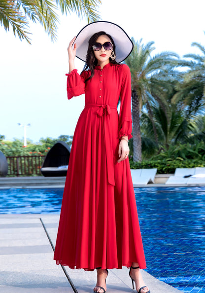 Long Sleeve Maxi Swing Chiffon Dress 2855