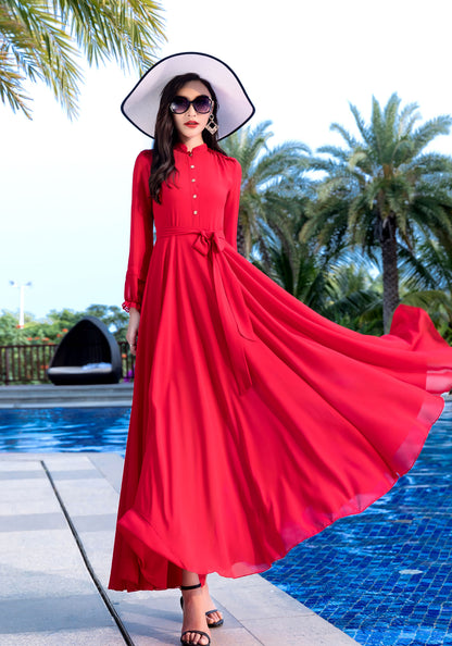 Long Sleeve Maxi Swing Chiffon Dress 2855
